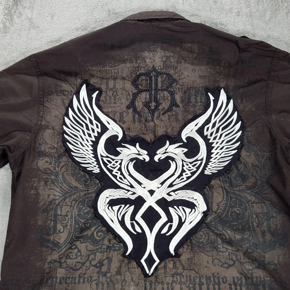 Roar Shirt Mens Large Brown Gothic Wings Cross Long Sleeve Button Up Embroidered